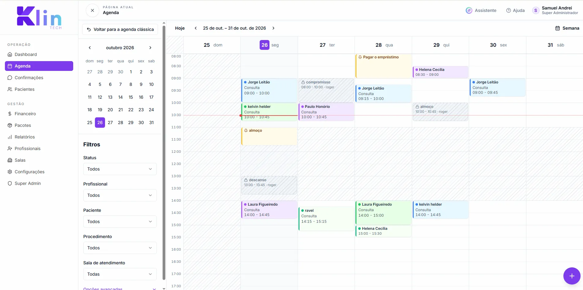 Agenda semanal do Klin Tech